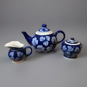 Designpac Teapot Creamer Sugar Bowl Set Cobalt Blue Leaf Print‎ Vintage Ceramic